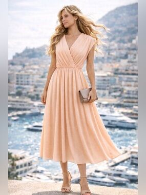 Vintage Iridescent Draped Midi Dress Cap Sleeve Romantic Sz M Chablis